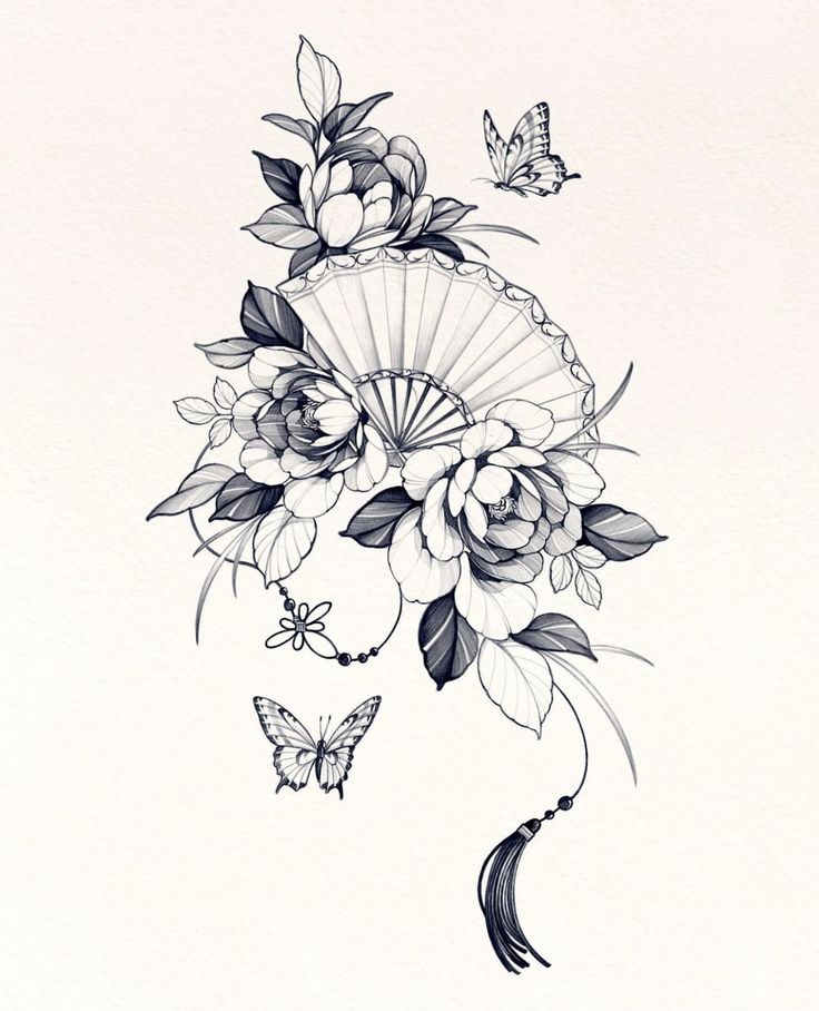 a tattoo design with flowers and butterflies on it