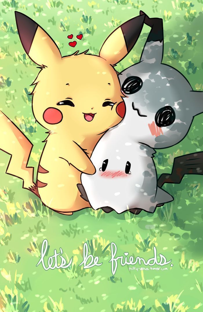 two cute pokemons hugging each other in the grass with text that reads, let's be friends