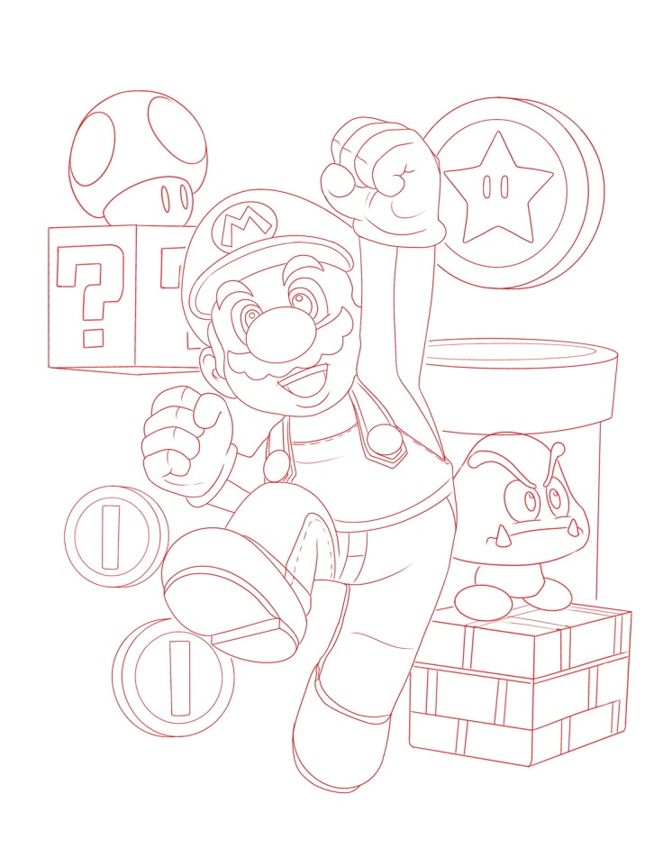 the super mario bros coloring page is shown in this image, it looks like he's about to jump