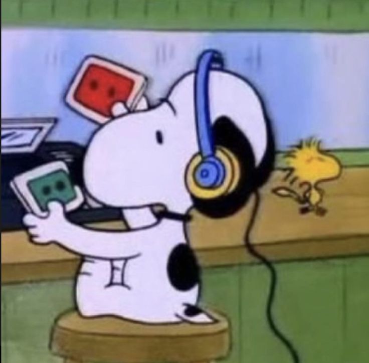 a cartoon dog with headphones sitting on a stool holding a cell phone in his hand