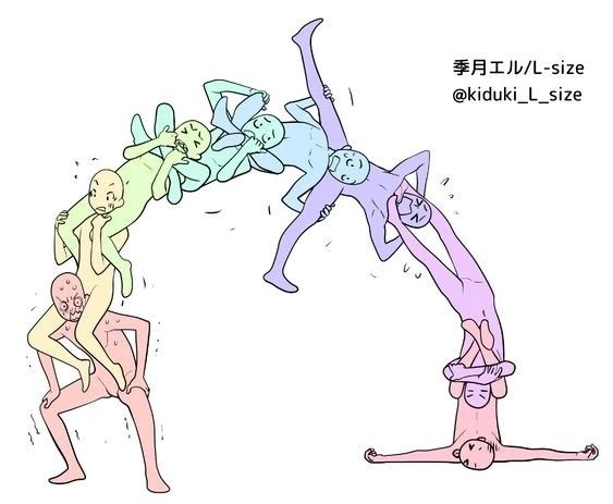 three people are doing different poses in the same drawing style as one person is upside down