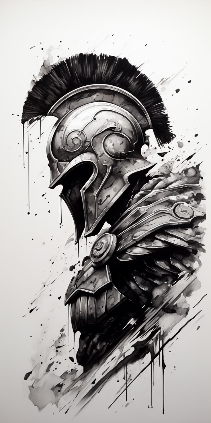 a black and white drawing of a spartan helmet with paint splatters on it