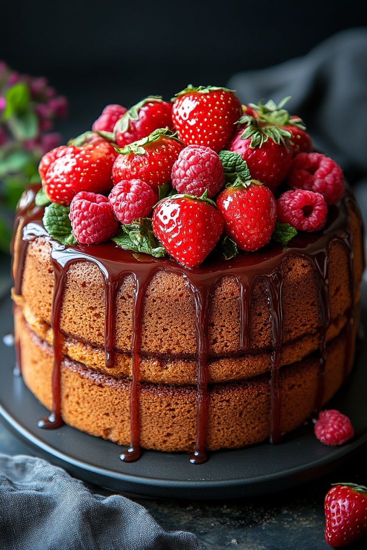 a chocolate cake with strawberries on top and drizzled in chocolate sauce