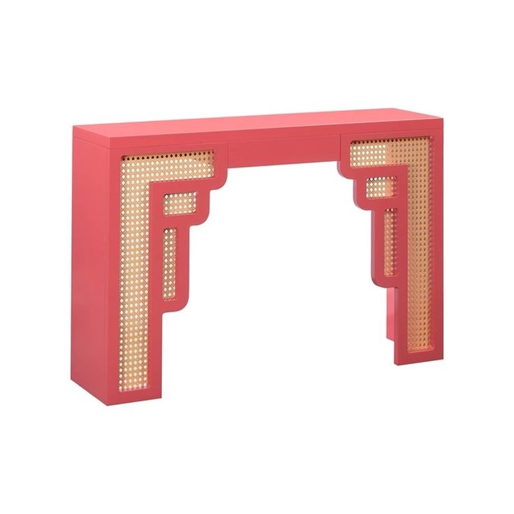 a pink console table with gold trimmings and an arch shaped like the letter f