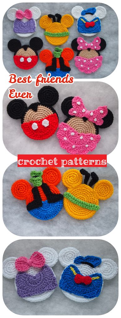 crocheted mickey mouse and minnie mouse coasters with the words best friends on them