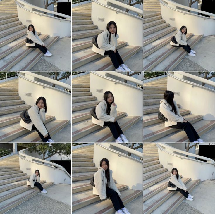 multiple pictures of a woman sitting on steps with her legs crossed and looking at the camera