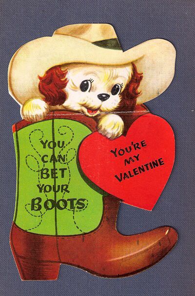 an old fashioned valentine card with a cat in a cowboy boot holding a heart and the words you can bet your boots