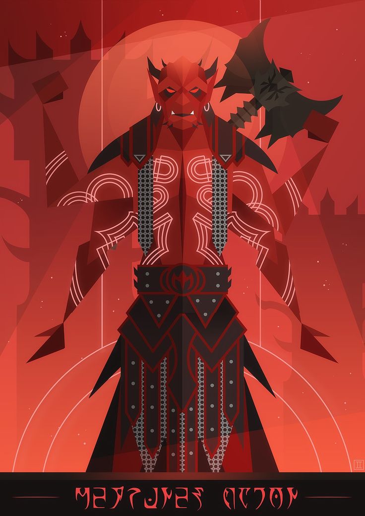 a red and black poster with an image of a demon standing on top of it