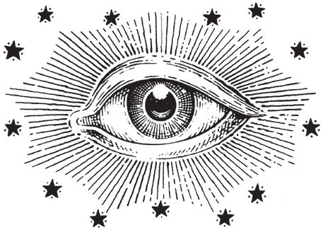 an all seeing eye surrounded by stars, vintage line drawing or engraving style stock illustration