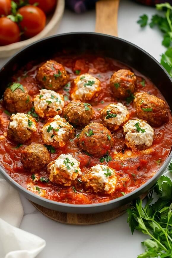 meatballs in tomato sauce with cheese and parsley on the side next to tomatoes