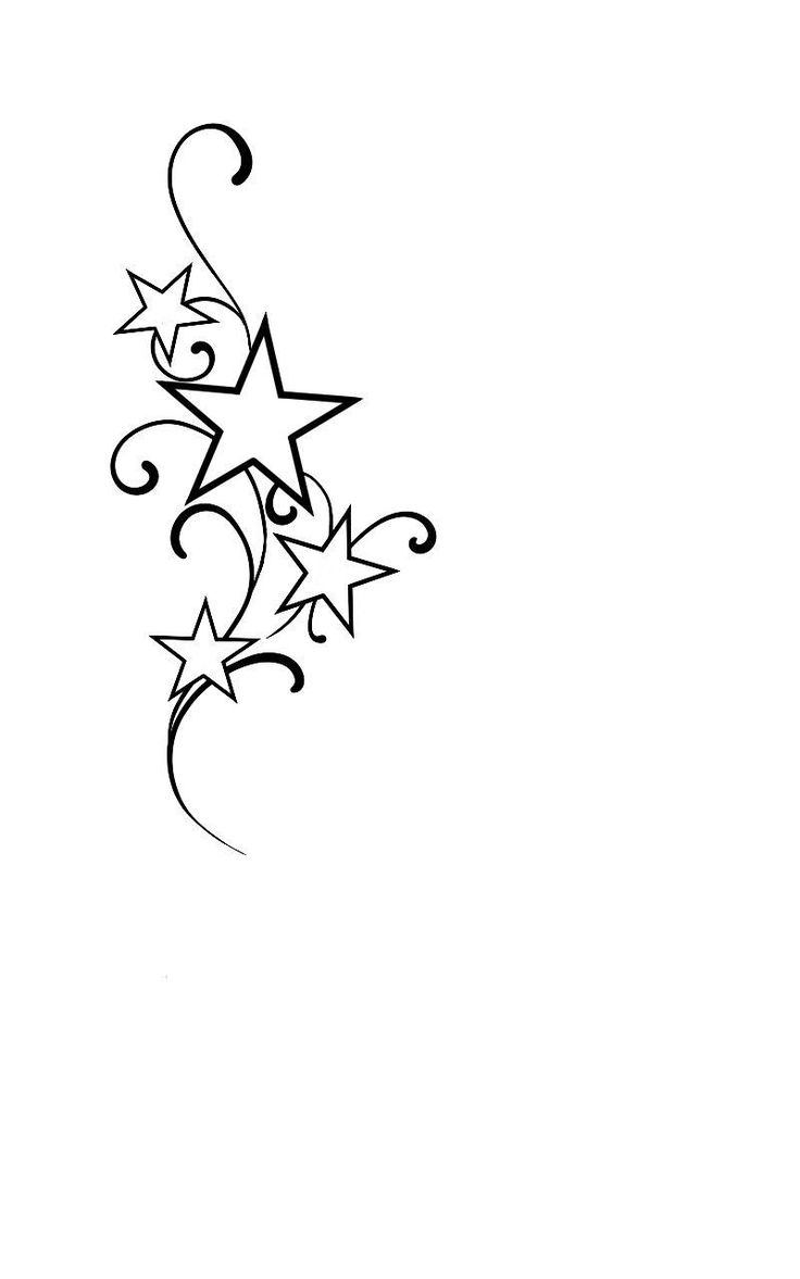 a black and white drawing of stars with swirls on the bottom half of it