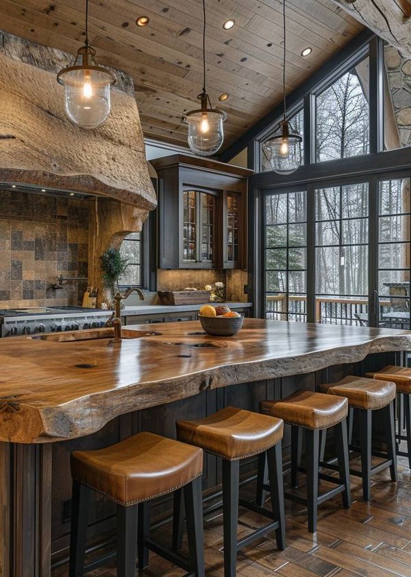 a large kitchen island with stools in front of it and windows on the side