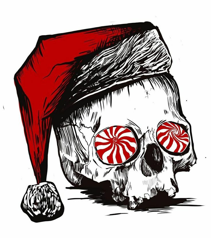 a skull wearing a santa hat with candy canes on it's eyeballs