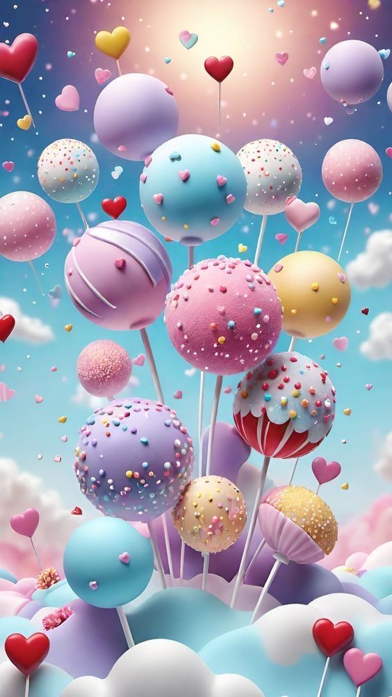 an image of colorful balloons floating in the air with hearts and stars above them on a blue sky background