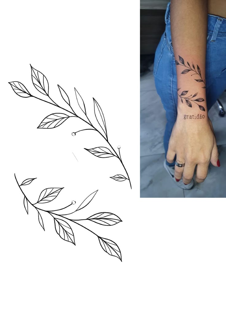 a woman's hand with a small tattoo on her left wrist and an image of leaves