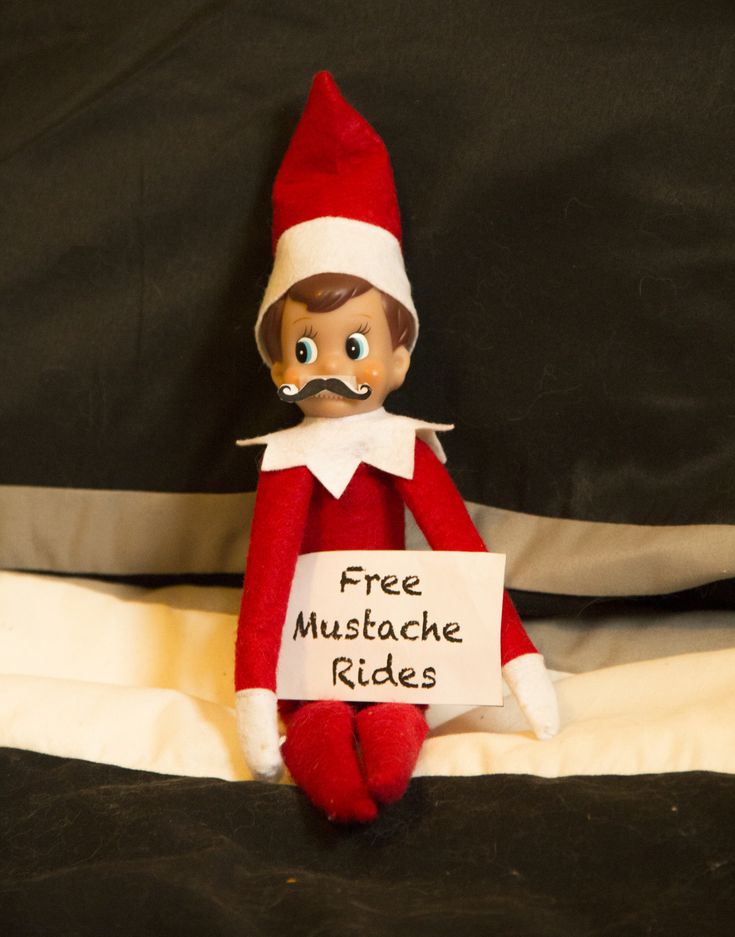 an elf with a free mustache rides sign on his chest sitting on a black bed