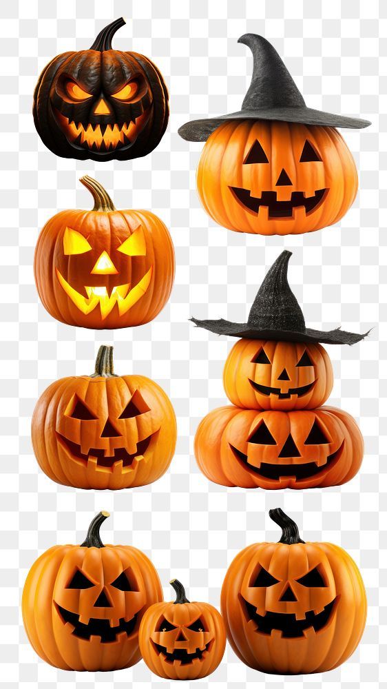 pumpkins with carved faces and witches on them, transparent background png clipart