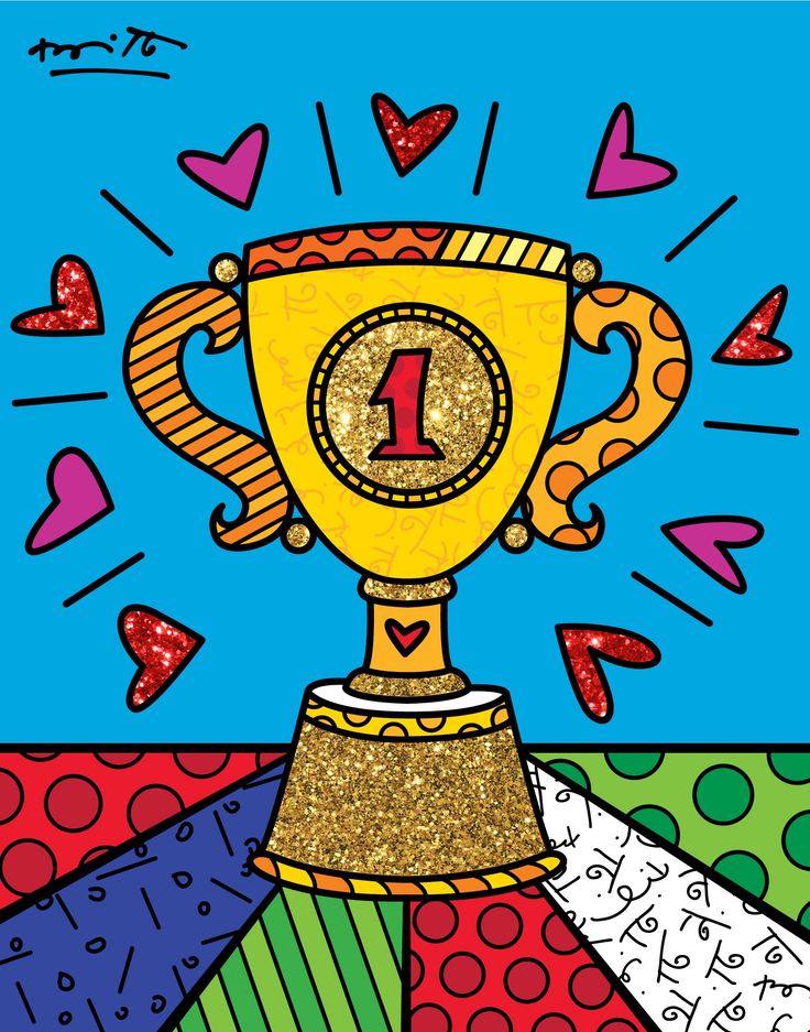 a drawing of a trophy with hearts around it and the number one on it's side