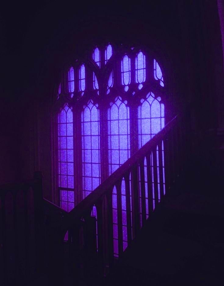 the stairs are lit up with bright purple lights in front of an arched glass window