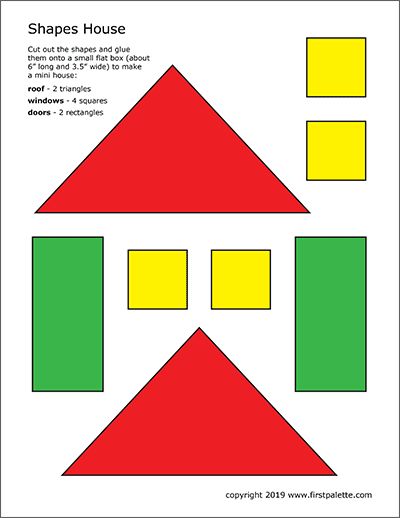 the shape of a house is shown in red, yellow and green colors with two rectangles on each side