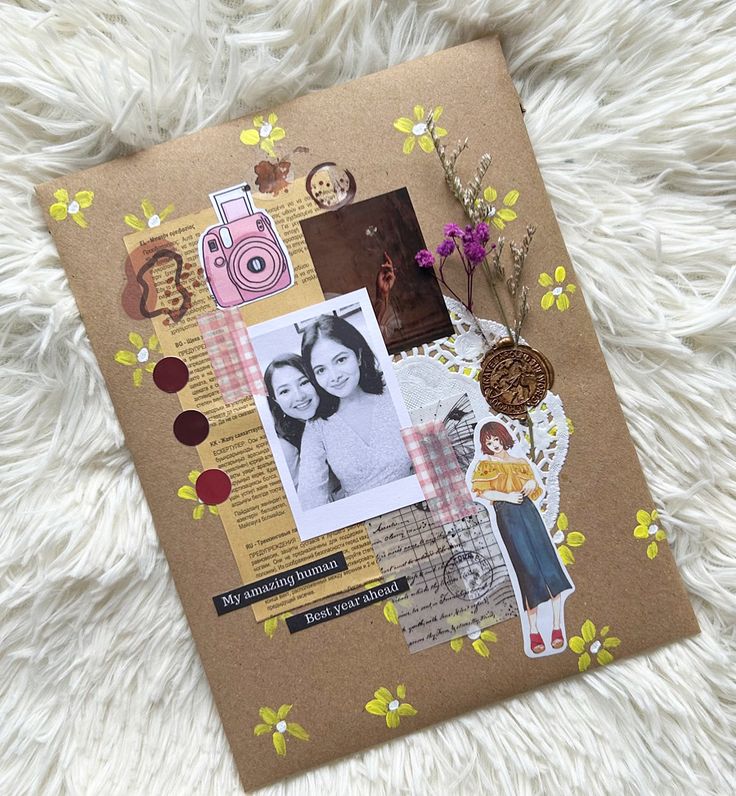 a brown paper with pictures and flowers on it