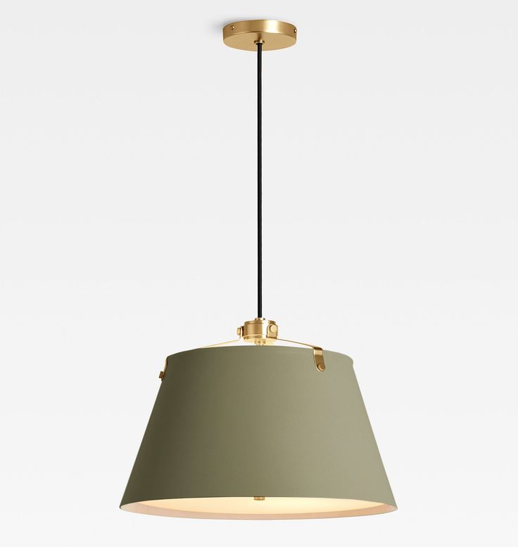 a light fixture with a green shade hanging from it's side, against a white background