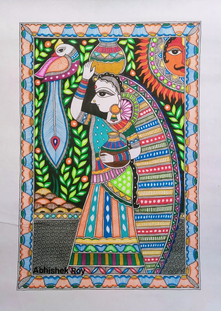 Madhubani Painting Human Figures, Madhubani Women, Aarti Thali, Mithila Painting, Saree Painting Designs, Madhubani Paintings, Warli Art, Saree Painting, Kalamkari Painting