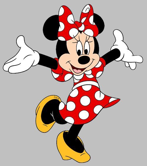 a cartoon minnie mouse with red and white polka dots on it's head, dancing