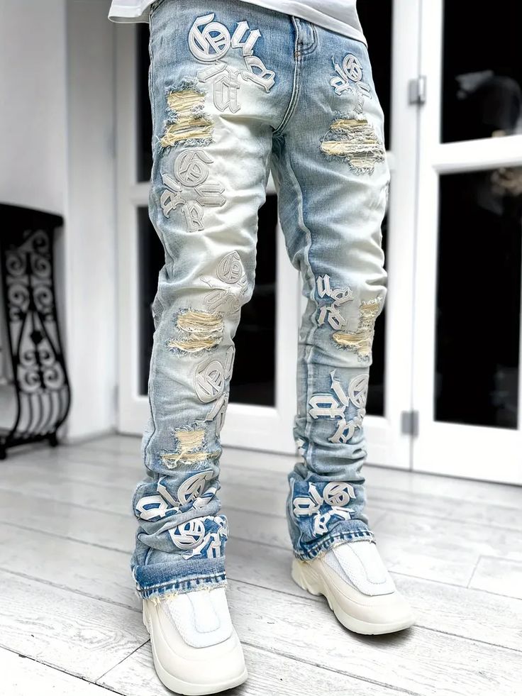 Temu Denim Retro, Ripped Denim Pants, Ripped Pants, Pants Gift, Street Fashion Men Streetwear, Jeans Casual, Street Style Chic, Embroidered Denim, Ripped Denim