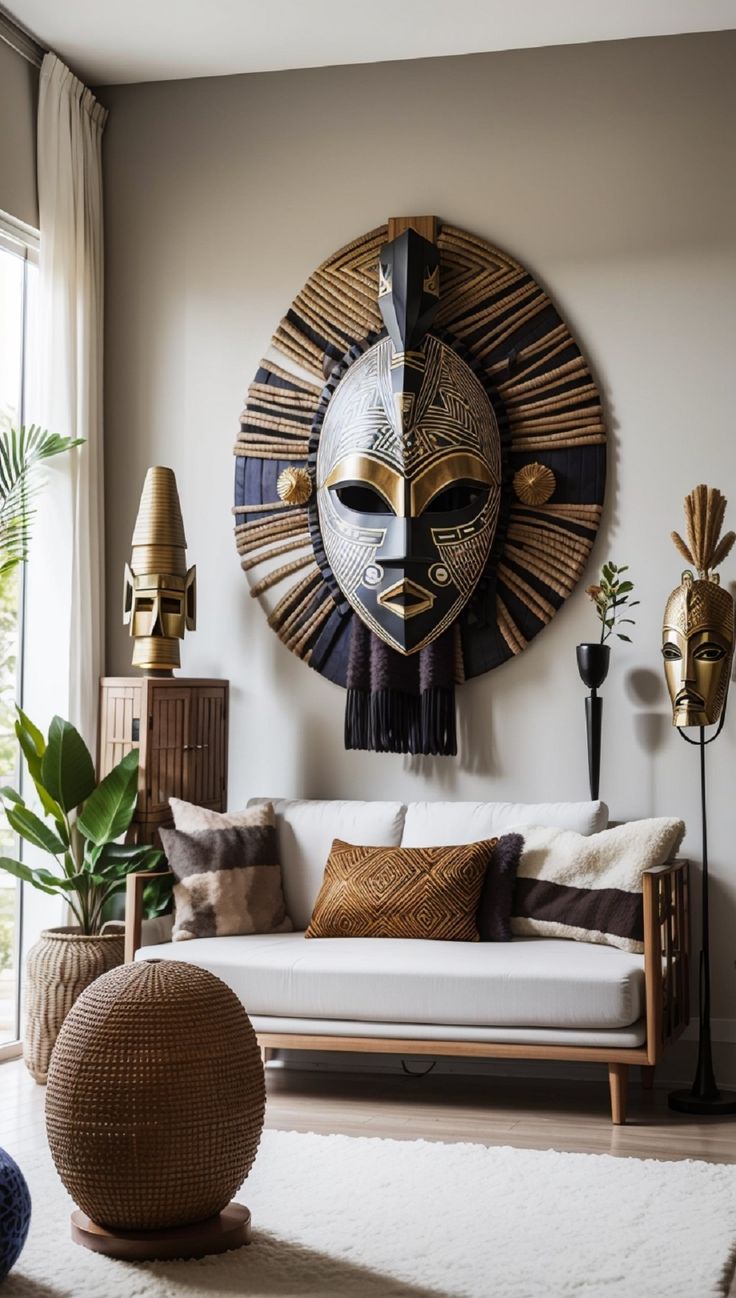 a living room filled with furniture and a large sun face wall hanging on the wall