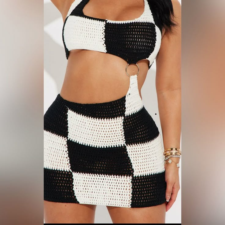 Super Cute Black And White Crochet Mini Dress Nwt Blck Crochet Dress, Crochet Candy Corn Dress, Crochet Dress Easy, Casual White Crochet Mini Dress, Spring Black Crochet Dresses, Black Crochet Dresses For Spring, Spring Crochet Black Dresses, Black Crochet Summer Dress, Fitted Black Crochet Dress