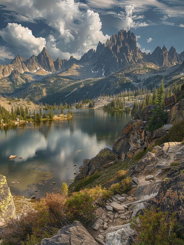 a mountain lake surrounded by rocky mountains under a cloudy sky