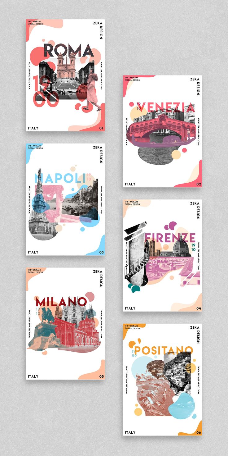 four postcards with different colors and designs on the front, one has an image of buildings