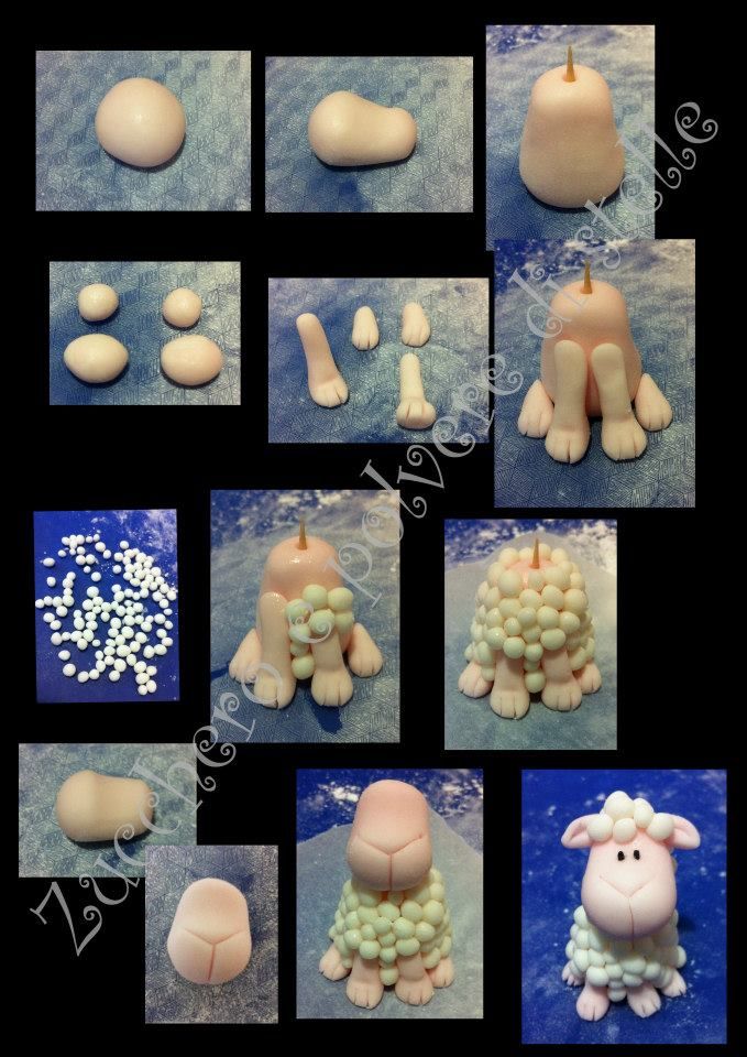 several pictures of sheep made out of icing and marshmallows on a black background