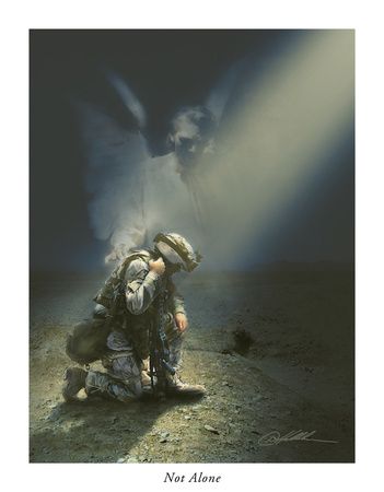 a soldier kneeling down in the dirt with his head on his hands and an angel above him