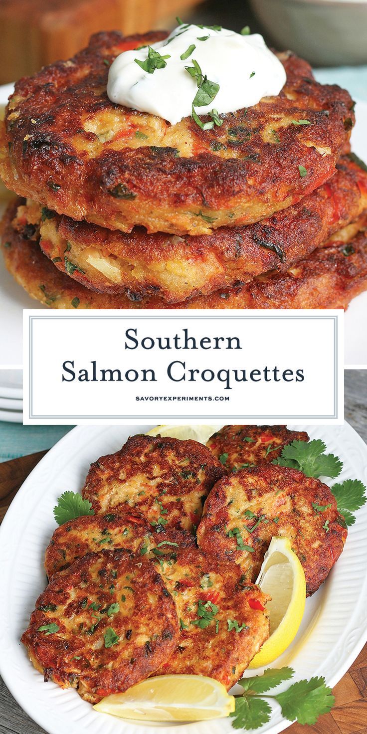 the cover of southern salmon croquettes with lemon wedges and sour cream