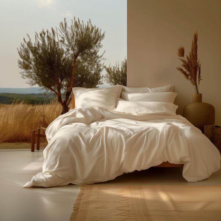 a bed with white sheets and pillows in a room next to a window that looks out onto the countryside