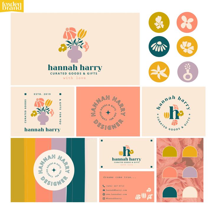 the logo and business cards for hannah harry's flower shop, which has been designed by