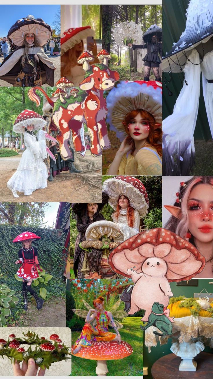 a collage of photos with many different people in hats and dresses, including one woman wearing