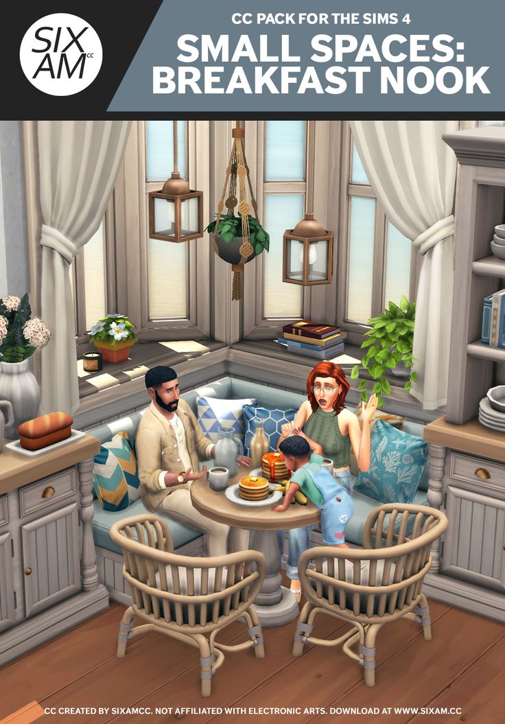 an animated image of two people sitting at a table in front of a kitchen with the caption small spaces breakfast nook