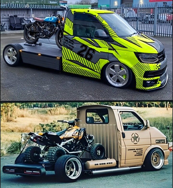 there are two pictures of the same vehicle and one has a motorcycle on it's flatbed