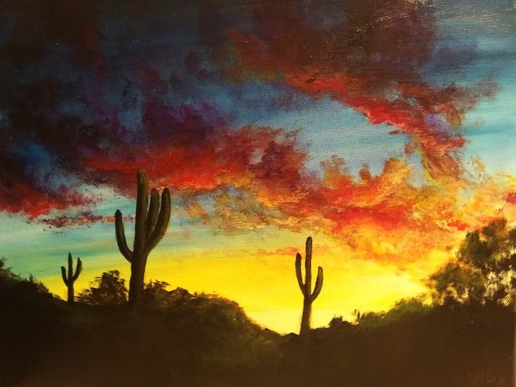 a painting of some cactus trees in front of a sky with clouds and sun going down