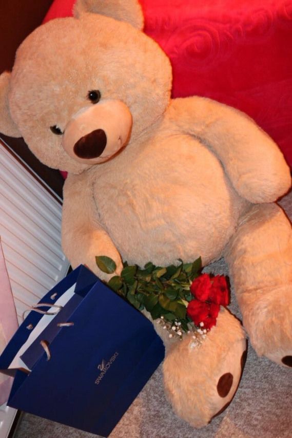 a large teddy bear sitting next to a blue box with flowers in it's lap