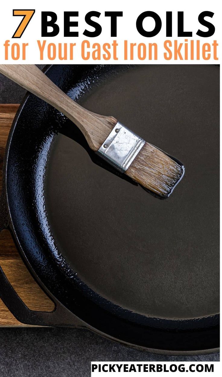 a skillet with a wooden spatula in it and the words 7 best oils for your cast iron skillet