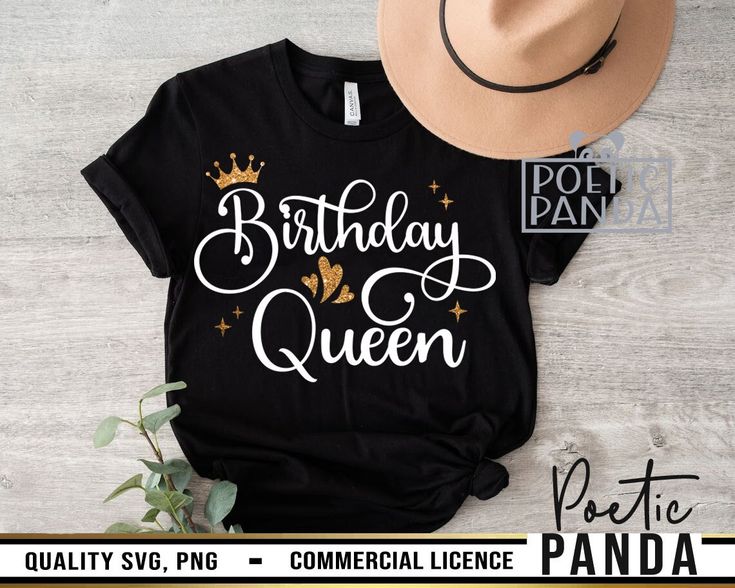 birthday queen t - shirt with crown and stars on the front, next to a hat