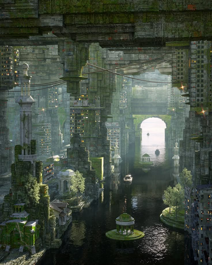 an image of a futuristic city with lots of buildings and water in the foreground