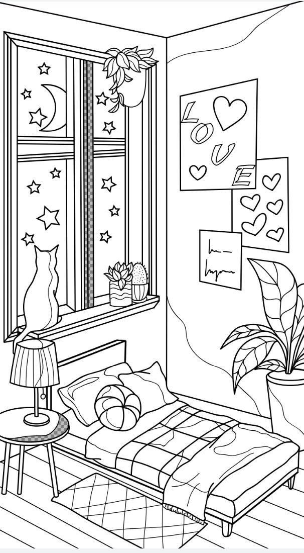 a black and white drawing of a bedroom with a bed, table, window and potted plant