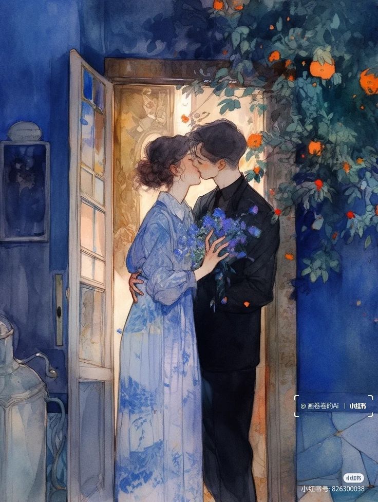 a painting of two people kissing in front of an open door with flowers on it