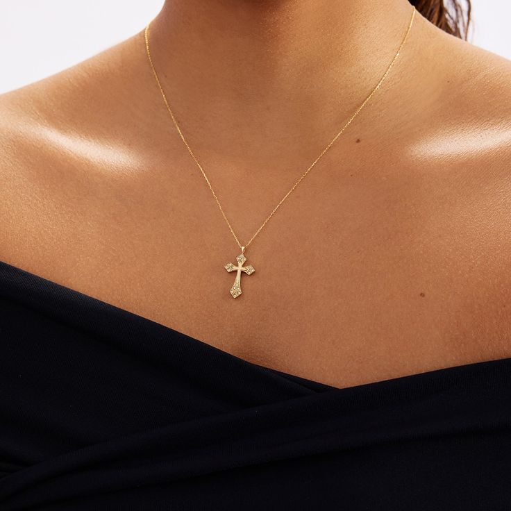 Diamond Gothic Cross Necklace in 14k Solid Gold The cross necklace will be your new favorite with its classic and elegant style. Show everyone the chic woman you are. You'll have: 14k solid gold handcrafted pieces 100% ethical sourced jewelry Size Material: 14k Solid Gold Diamond Type: Natural Diamond Quality:Carat Weight: 0.06 ctwColor: F-GClarity: VS2Cut: Excellent Pendant Height: 23 mm / 0.90 inch Pendant Width: 13 mm / 0.51 inch Chain Style: Cable Chain Chain Length: 18 inch You’ll get a cer Gold Necklace With Cross, Chains With Cross, Cross Types, Cross Necklace Aesthetic, Golden Cross Necklace, Pendant Necklace Outfit, Gold Cross Necklace For Women, Catholic Cross Necklace, Cross Pendant Necklace Woman