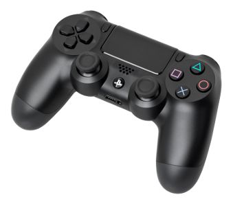 a close up of a black controller for a video game system on a white background